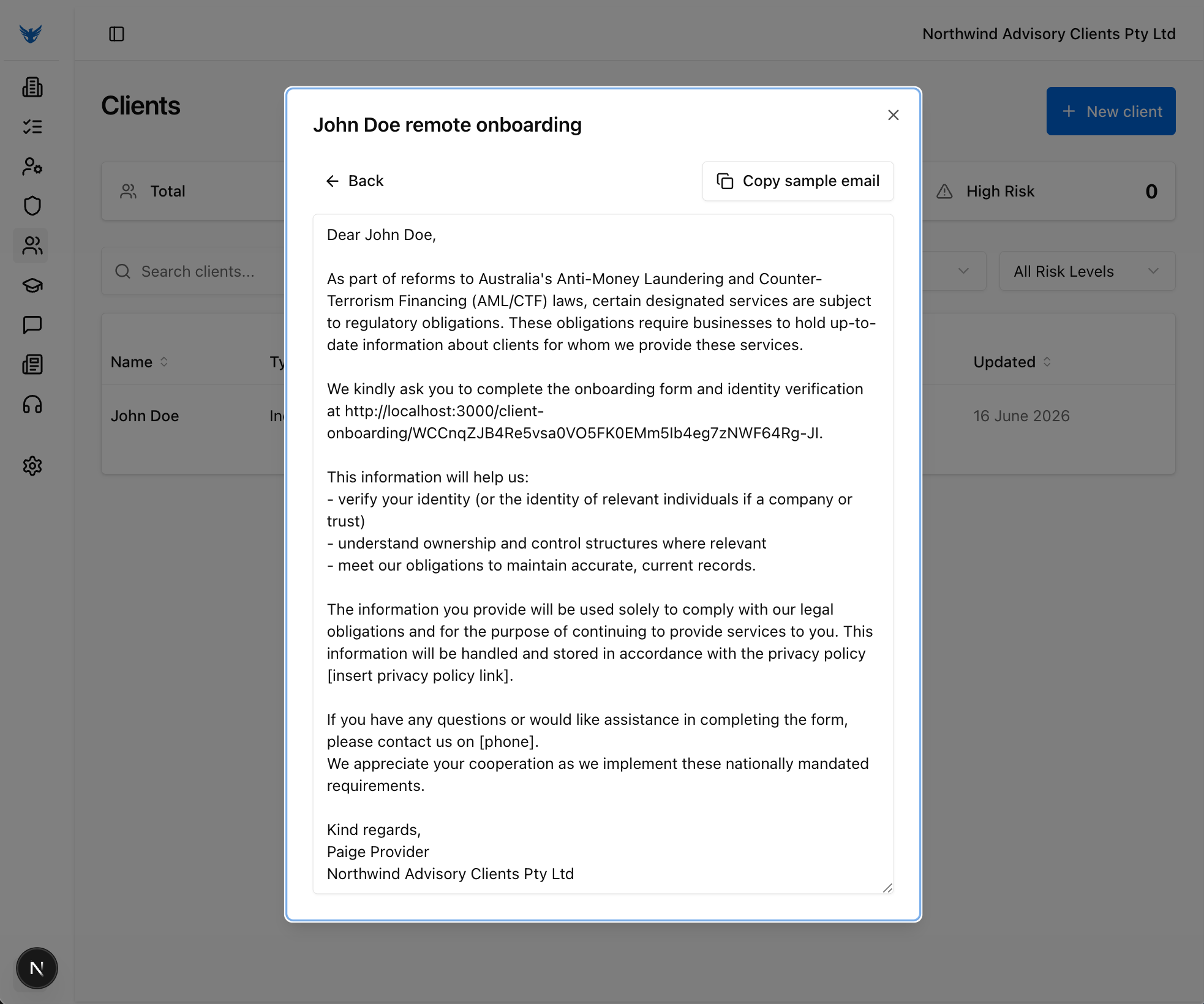 Initiate remote onboarding: Email link
