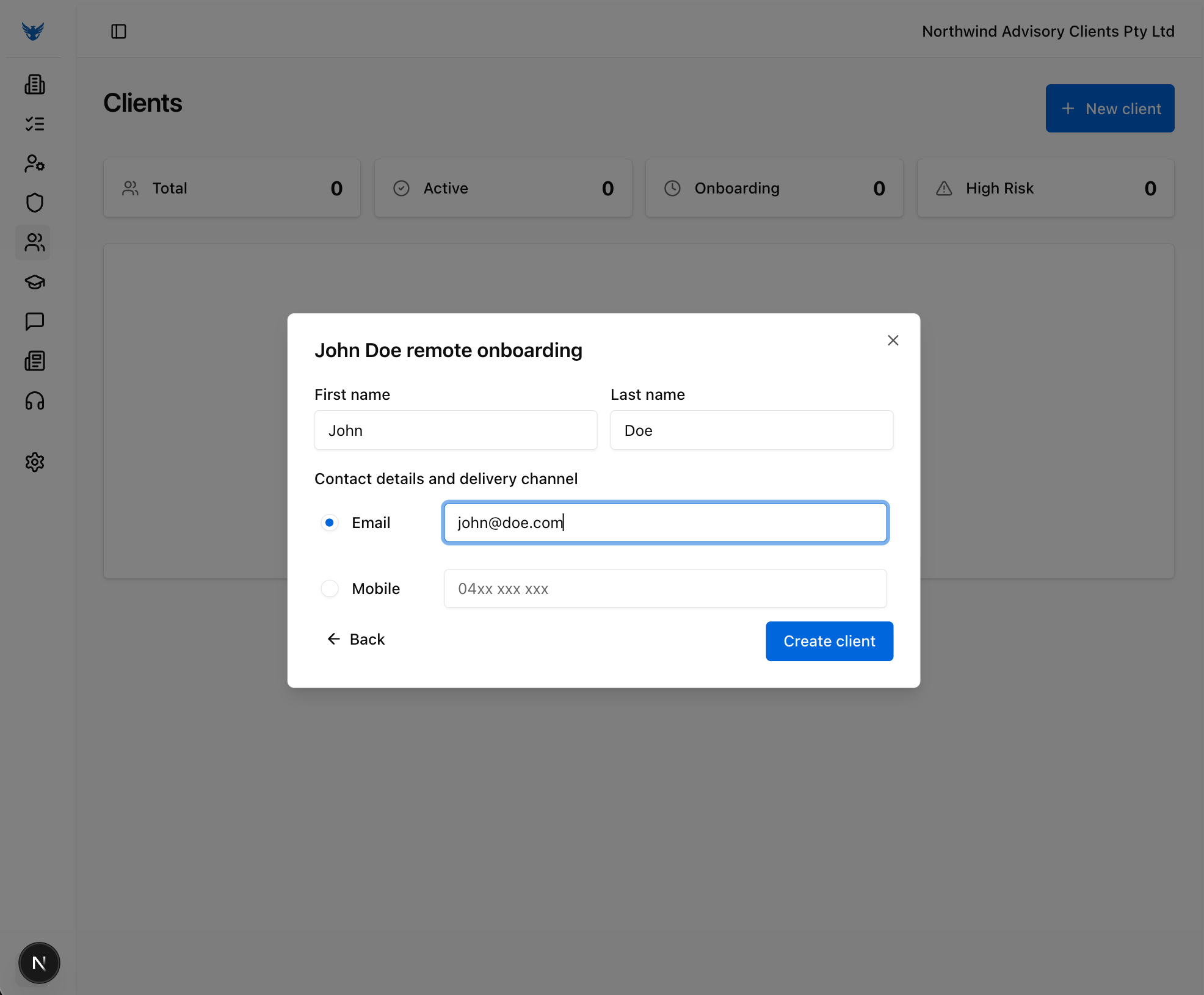 Initiate remote onboarding: Contact details
