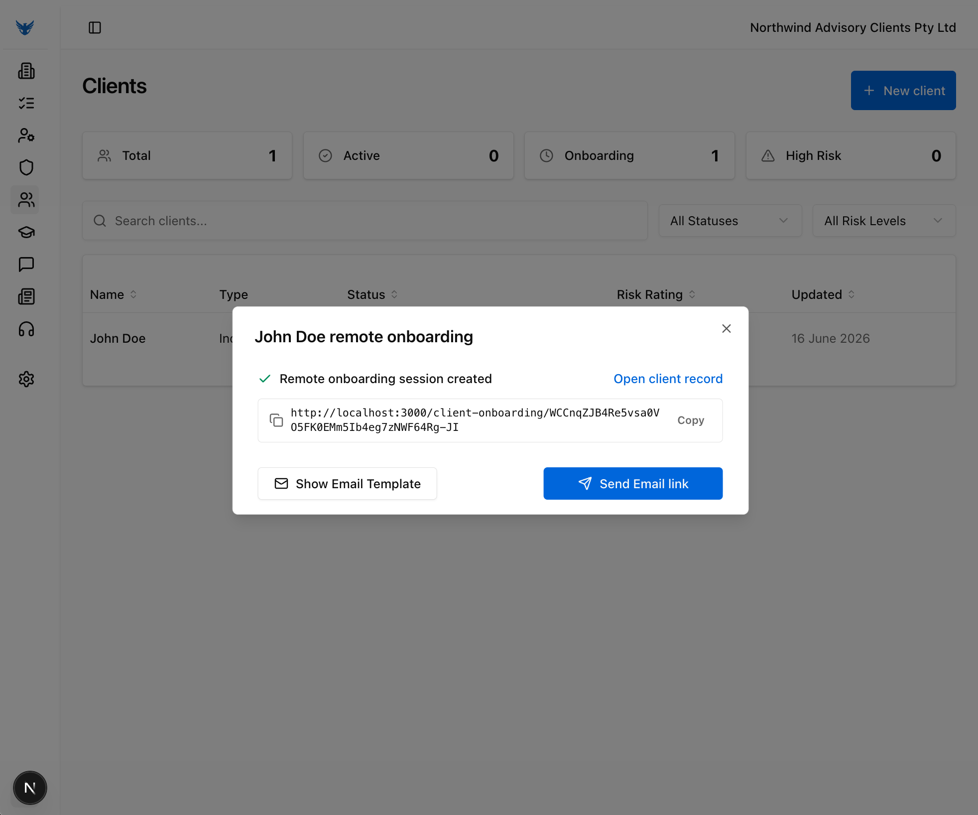 Initiate remote onboarding: Session created