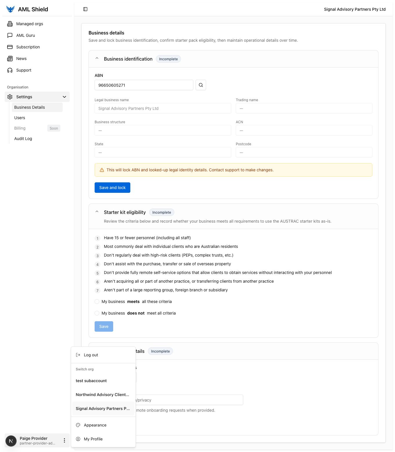 Set up your AML Shield workspace: Business details