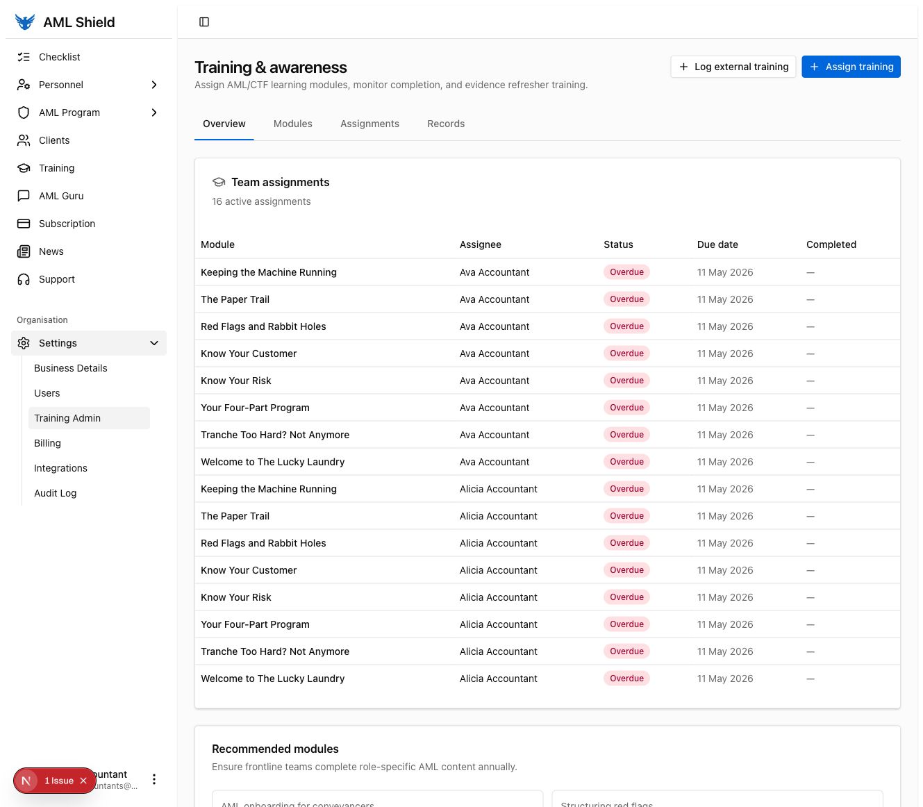 Train the team: Team training dashboard